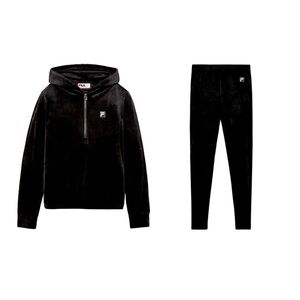 Fila Women`s Velour Hoody Leggings Tracksuit Jacket Pants Set Black